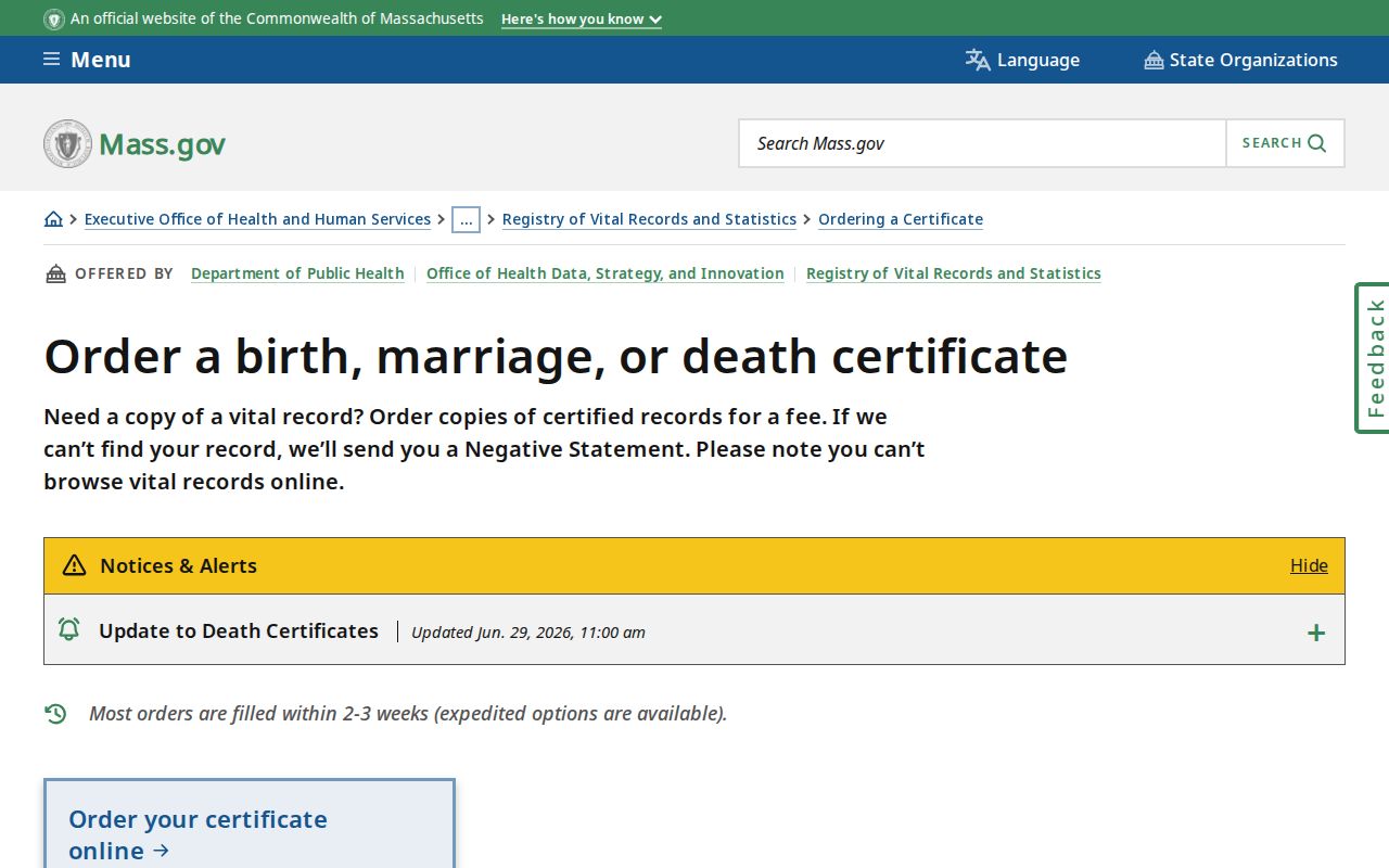 Quincy residents directory Massachusetts vital record order page
