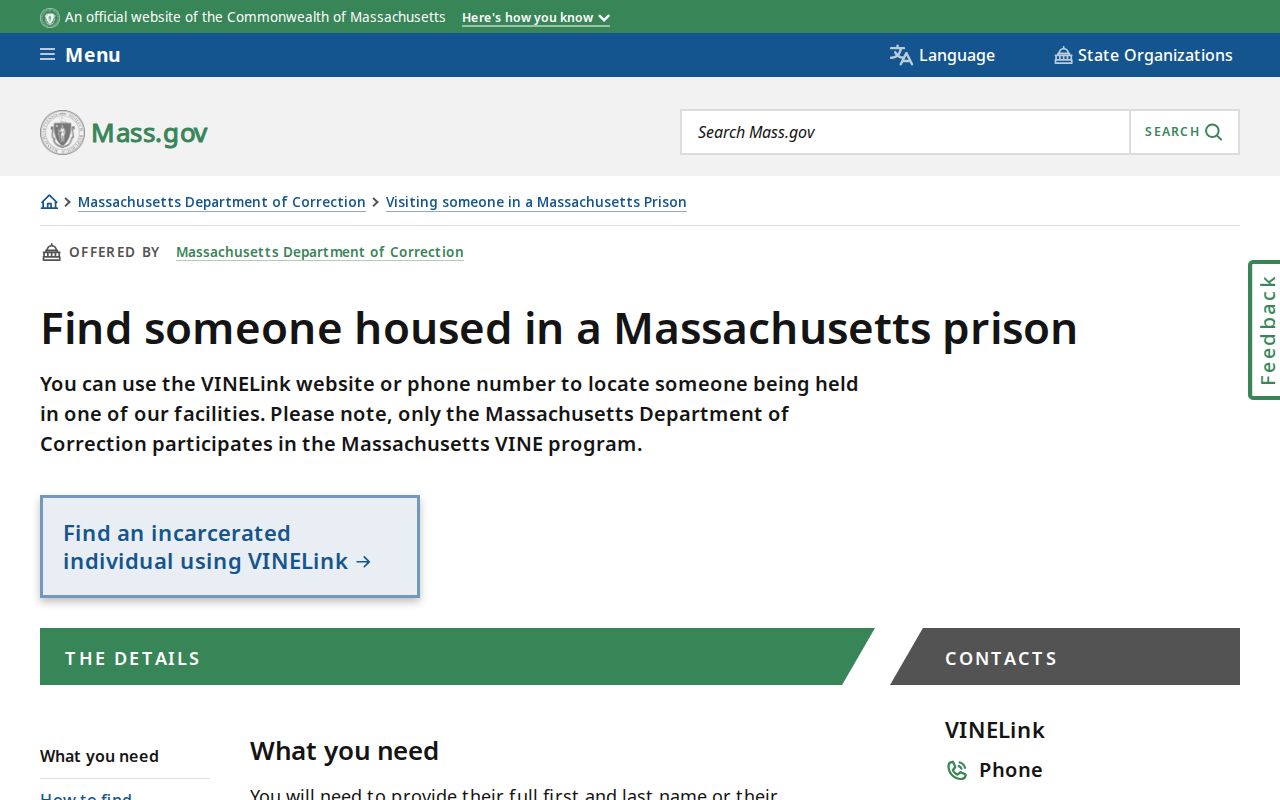 Quincy resident lookup reference to Massachusetts VINELink custody search guidance